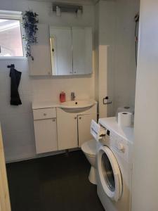 a small bathroom with a toilet and a sink at Apartmentmuikku in Siilinjärvi +20 photos