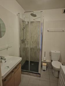 a bathroom with a shower and a toilet and a sink at Appartement T2 les Capucines in La Ciotat