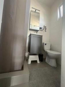 a bathroom with a toilet and a sink and a mirror at Apartman na Drini in Loznica