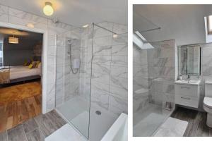 two pictures of a bathroom with a shower and a toilet at Brogans Apartments in Trim