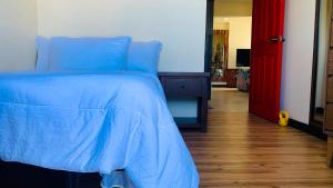 - une chambre avec un lit bleu et une porte rouge dans l'établissement King Bed 2BR European Style City Center in Davao City Philippines, à Davao 2 autres photos