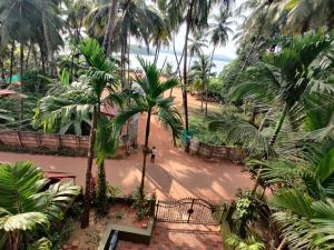 a person walking down a path with palm trees at Trinity Villa - Home Stay in Honāvar