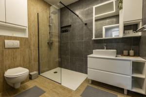 a bathroom with a shower and a toilet and a sink at Apartman „Karolina” in Nova Gradiška +35 photos