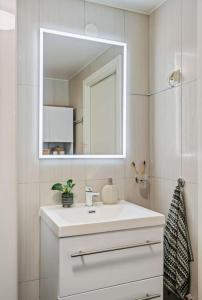 a bathroom with a white sink and a mirror at Sentral & Cozy apartment in Oslo