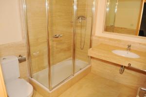 a bathroom with a shower and a toilet and a sink at Residencial Marina de Port in L'Ametlla de Mar