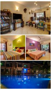 un collage de trois photos d'une pièce dans l'établissement Heritage Exotica Villa - 4BHK, Baga, à Baga