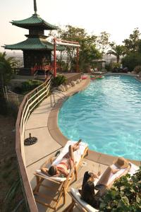 a group of people laying on lounge chairs by a pool at Hollywood Hills Hotel in Los Angeles