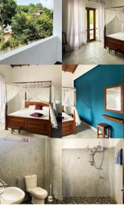 a collage of four pictures of a bedroom at Heaven Hill Guesthouse in Weligama +56 photos