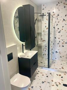 a bathroom with a toilet and a sink and a shower at Szmaragdowa Sowa in Wałbrzych