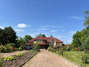 IsvoareleLuxury conac的砖路上有红色屋顶的房子