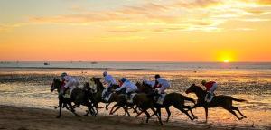 a group of people riding horses on the beach at sunset at Apartamento Infantas 26 in Sanlúcar de Barrameda