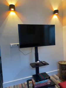 a flat screen tv hanging on a wall with two lights at Wijk aan Zee de Wilde Roos in Wijk aan Zee