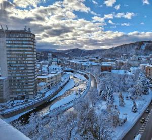 a snow covered city with a river and buildings at Balkan Tower Deluxe in Gabrovo