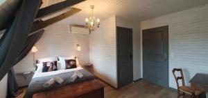 a bedroom with a bed and a chandelier at Gîte château d'Espalungue, piscine et SPA in Dognen