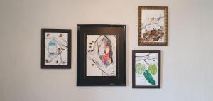 a group of framed pictures hanging on a wall at Gîte château d'Espalungue, piscine et SPA in Dognen