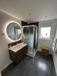 ein Badezimmer mit Waschbecken und Spiegel in der Unterkunft Maison contemporaine proche de Lille in Saint-André + 17 Fotos