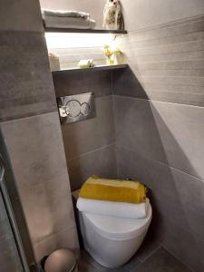 アテネにあるSunny studio near metroのバスルーム(黄色いタオル付きのトイレ付) +5枚の写真