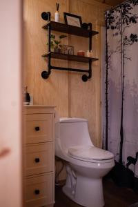 a bathroom with a white toilet and a sink at the together place in Seward +14 photos