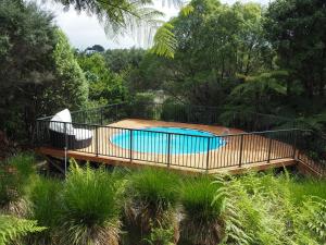 a wooden deck with a swimming pool in a garden at Uniqueness in Tauranga