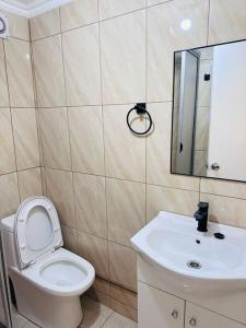 a bathroom with a white toilet and a sink at Departamento Calama in Calama +15 photos