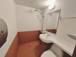a bathroom with a toilet and a sink and a mirror at Dongdaemun Karrot Hostel in Seoul