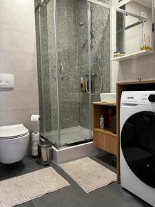 a bathroom with a shower and a toilet and a washing machine at Triple Shine Apartment Bjelašnica in Bjelašnica +19 photos