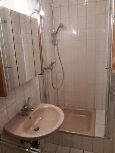 a bathroom with a sink and a shower and a tub at Allsaitig Klang- und Seminarzentrum Selb in Selb +8 photos