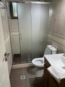 a bathroom with a shower and a toilet and a sink at NORI House in Moláoi
