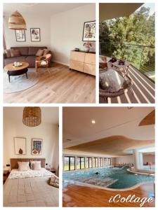 un collage di foto di una casa con piscina di Apartament Pinea 410 Pobierowo przy plaży bezpłatny dostęp do basenu i saun 100m od głównej promenady, bezpłatny strzeżony parking! a Pobierowo