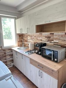 a kitchen with a counter with a microwave and a sink at Alma House in Deva