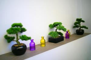 four purple vases with trees in them on a shelf at Grosvenor House - Olympic Pool - Pattaya in Pattaya South +147 photos
