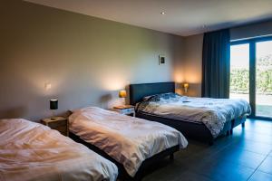 a hotel room with two beds and a window at Logies Berckelaer in Sint-Gillis-Waas