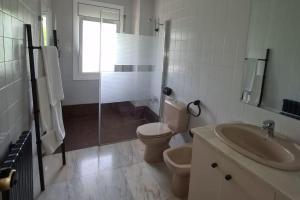 Un baño con inodoro, lavabo y ducha. en Magnífic dúplex amb doble terrassa, en Sant Joan de les Abadesses 20 fotos más
