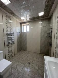 a bathroom with a shower and a toilet and a sink at DMC House in Gabala