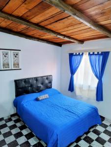 a bedroom with a blue bed and blue curtains at Mí Santa Guadalupe Esquina ctes in Esquina
