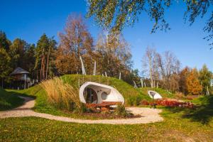 a group of tents on a grassy hill at LVM dabas parka glempings in Tērvete +22 photos