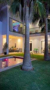 DraïdにあるOasis TIFNIT Villa with Pool View No vis A visのヤシの木が2本植えられた家