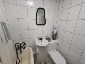 a bathroom with a sink and a toilet and a mirror at 10 Pier Road Gillingham ME7 1RJ in Hoo