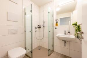 a bathroom with a shower and a toilet and a sink at EXQUIS 2BR Luxus Apartment TAO I Parken I Netflix I Garten I Familienfreundlich I in Holzgerlingen +18 photos