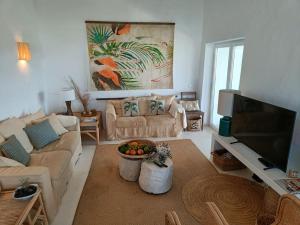 Una sala de estar con dos sofás y un televisor. en Casa dos Bonitos, en Santa Susana