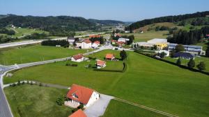 una vista aerea di un villaggio con case e una strada di Bee Happy Farmstay a Podlehnik