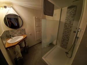 ein Badezimmer mit Waschbecken und Dusche mit Spiegel in der Unterkunft Agréable maison de ville avec cheminée in Luchon