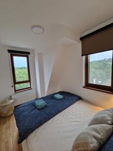 una camera da letto con un letto e due finestre di Divcinova - Apartman Gorski a Divčibare