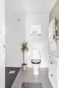 a bathroom with a toilet and a potted plant at Woodfield Cottage Skåne in Vollsjö