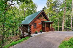 een hut in het bos met een oprit bij Studio Log Cabin - hot tub, fireplace, views, private! in Pigeon Forge