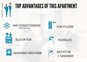 a diagram of the top advantages of this apartment at Nestor&Jeeves - TOUCAN DUPLEX TERRACE - Hyper center - Top floor in Nice +21 photos