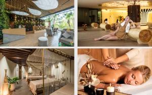 un collage de photos d'un hôtel avec une femme assise sur un lit dans l'établissement FLC Dai Lai Resort - SH315 Night Street 04PN, à Phúc Yên