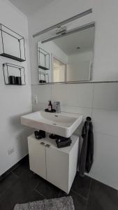 a bathroom with a white sink and a mirror at Ferienwohnung Eifelglück in Pelm +14 photos