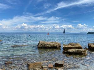 a large body of water with rocks and a sail boat at Apartment Marciana in Piran