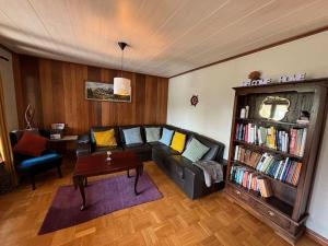 ein Wohnzimmer mit einem Sofa und einem Bücherregal mit Büchern in der Unterkunft Emma's country cottage in southern Sweden in Älghult